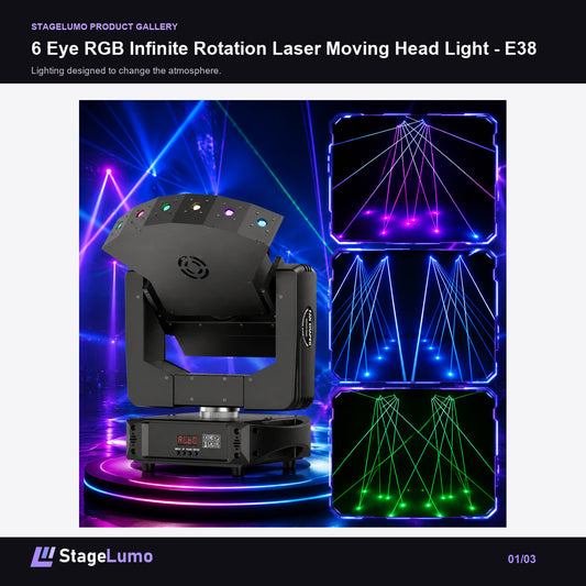 6 Eye RGB Infinite Rotation Laser Moving Head Light - E38 - StageLumo image 1