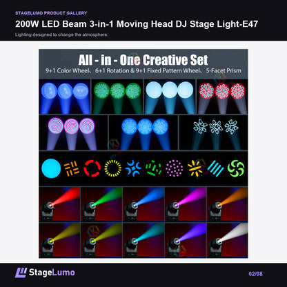 200W LED Beam 3-in-1 Moving Head DJ Stage Light-E47 - StageLumo image 2