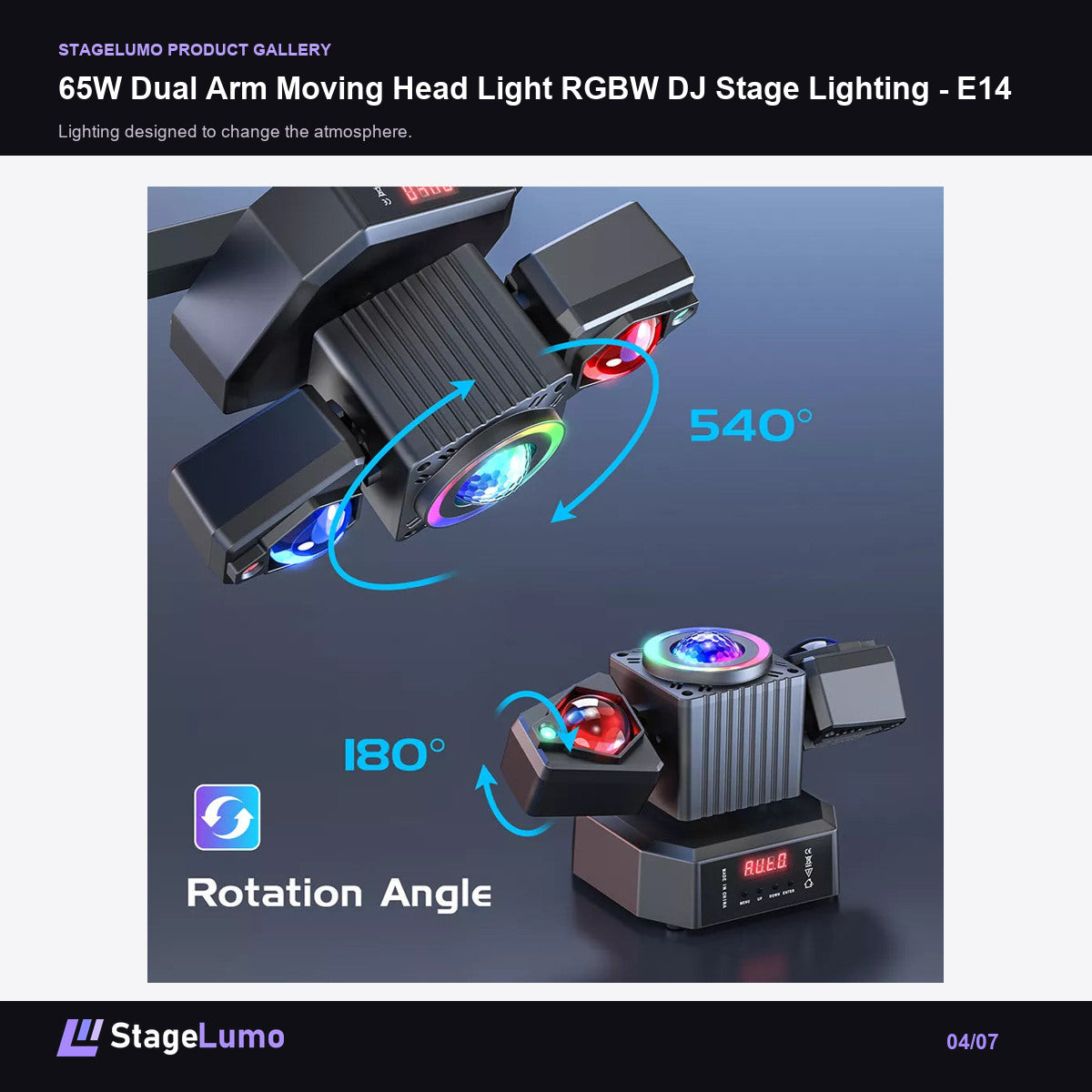 65W Dual Arm Moving Head Light RGBW DJ Stage Lighting - E14 - StageLumo image 4
