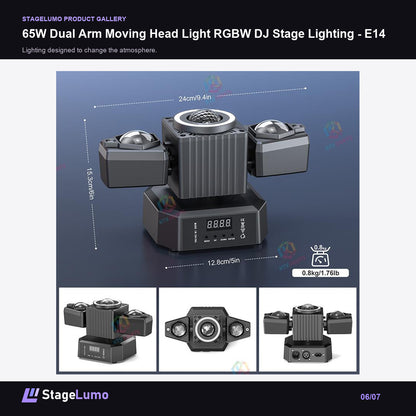 65W Dual Arm Moving Head Light RGBW DJ Stage Lighting - E14 - StageLumo image 6