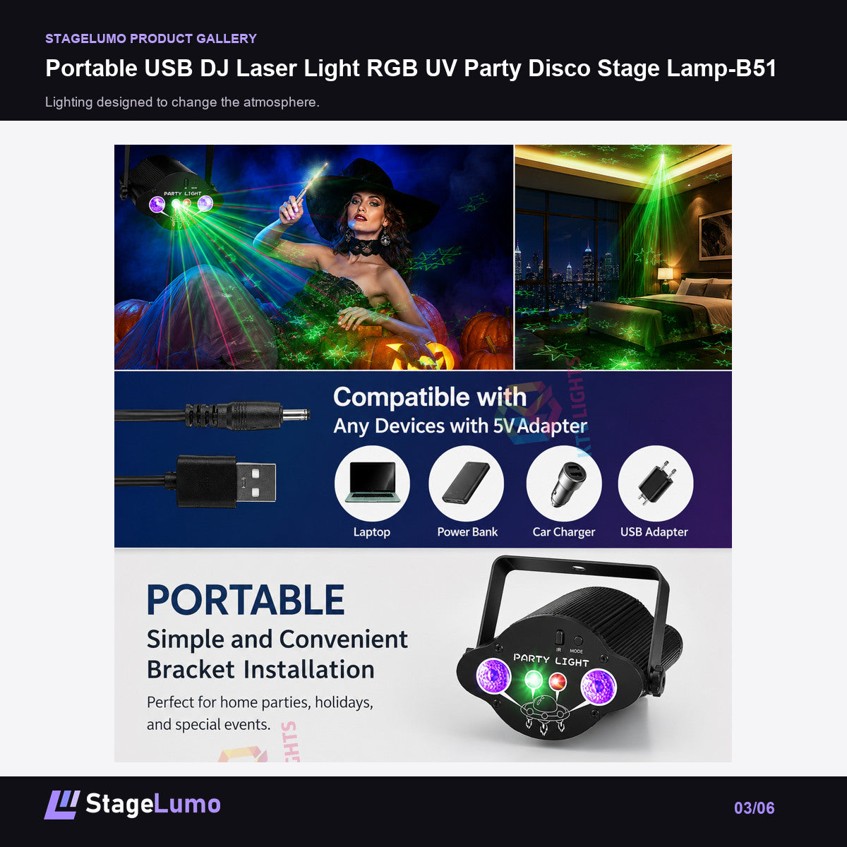 Portable USB DJ Laser Light RGB UV Party Disco Stage Lamp-B51 - StageLumo image 3