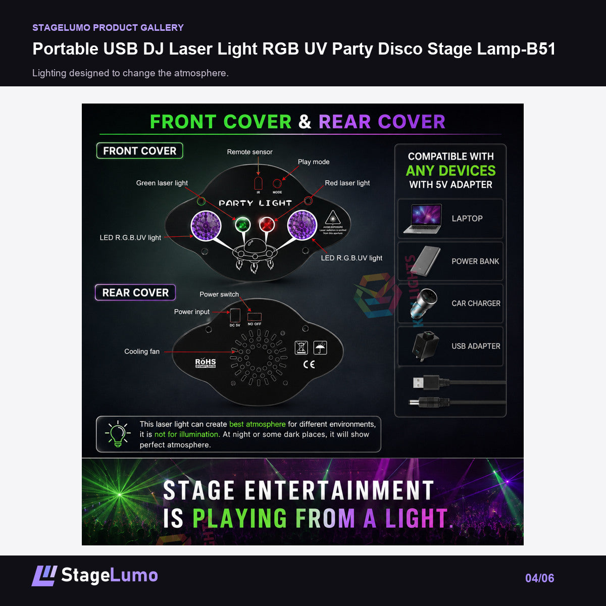 Portable USB DJ Laser Light RGB UV Party Disco Stage Lamp-B51 - StageLumo image 4