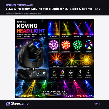 6 230W 7R Beam Moving Head Light for DJ Stage & Events - E42 - StageLumo image 2