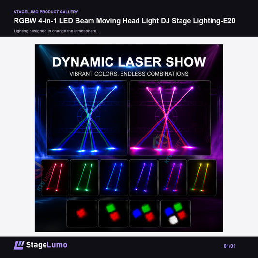 RGBW 4-in-1 LED Beam Moving Head Light DJ Stage Lighting-E20 - StageLumo image 1