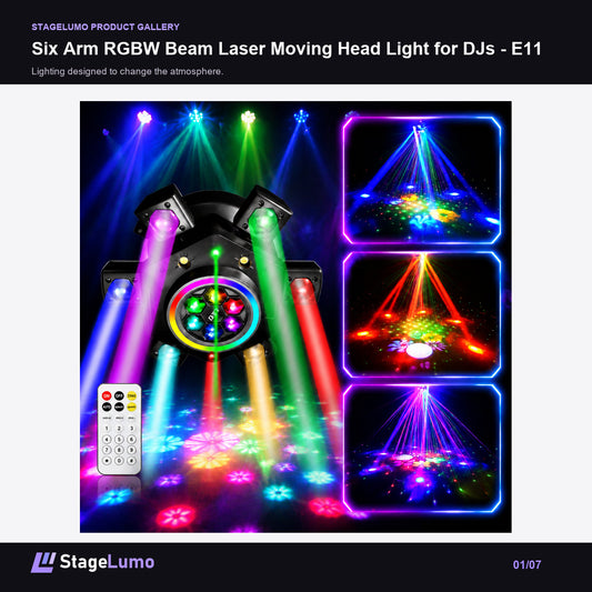 Six Arm RGBW Beam Laser Moving Head Light for DJs - E11 - StageLumo image 1
